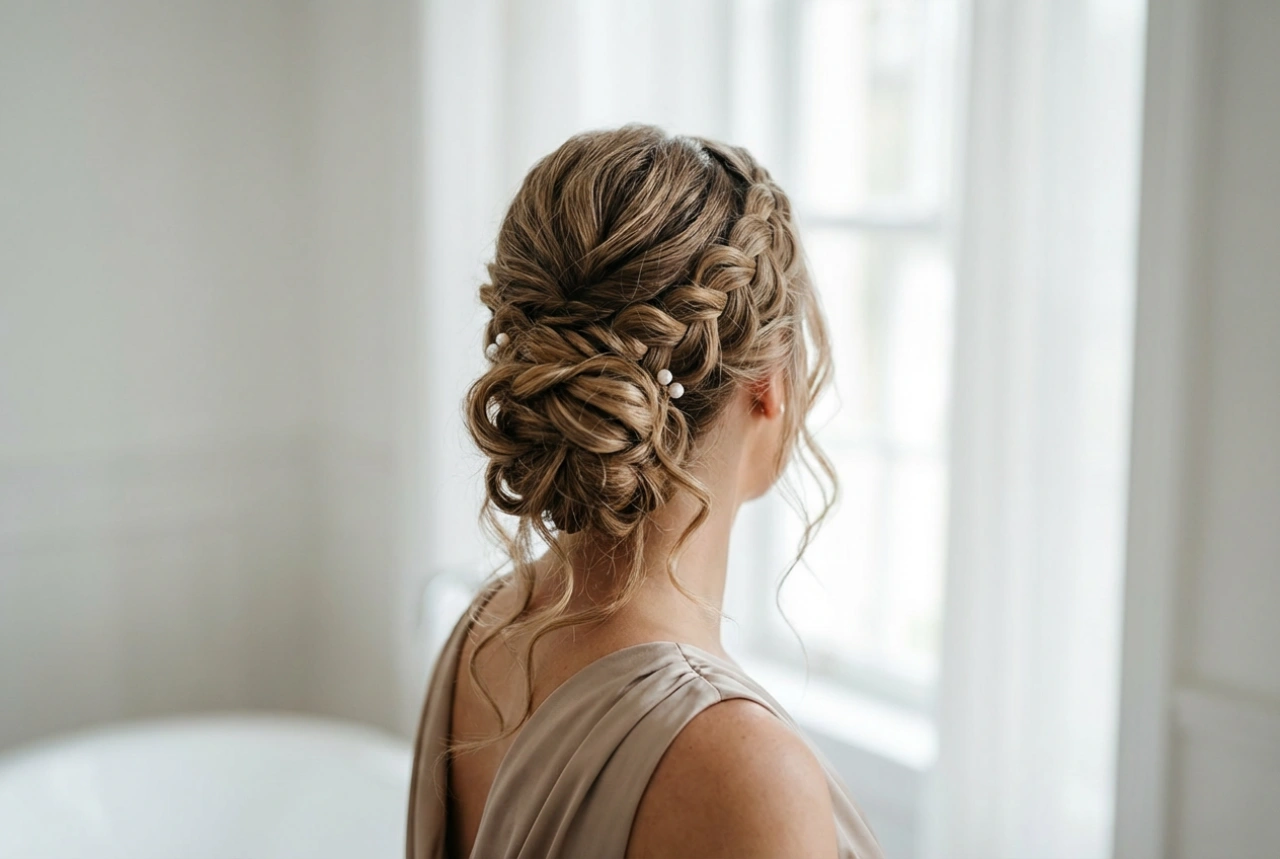 Pričeska za poročno pričo: eleganca, obstojnost in usklajenost z obleko