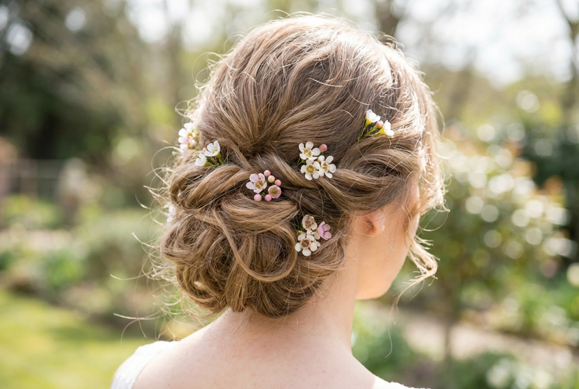 Pričeska za venček: nežni speti lasje, valovi in pritrditev cvetja