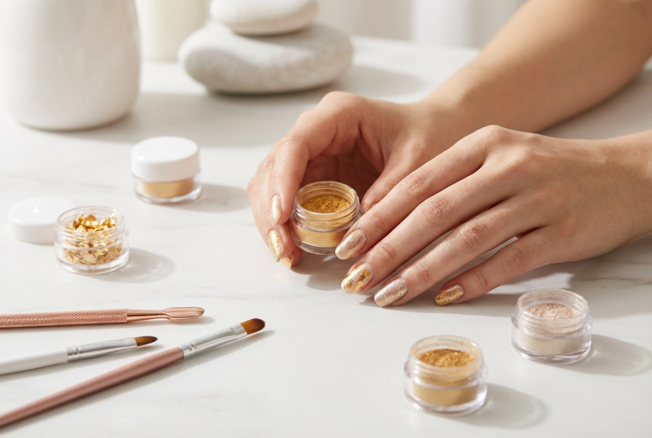 Nohti z zlatimi poudarki: folije, prah in enostavni okraski