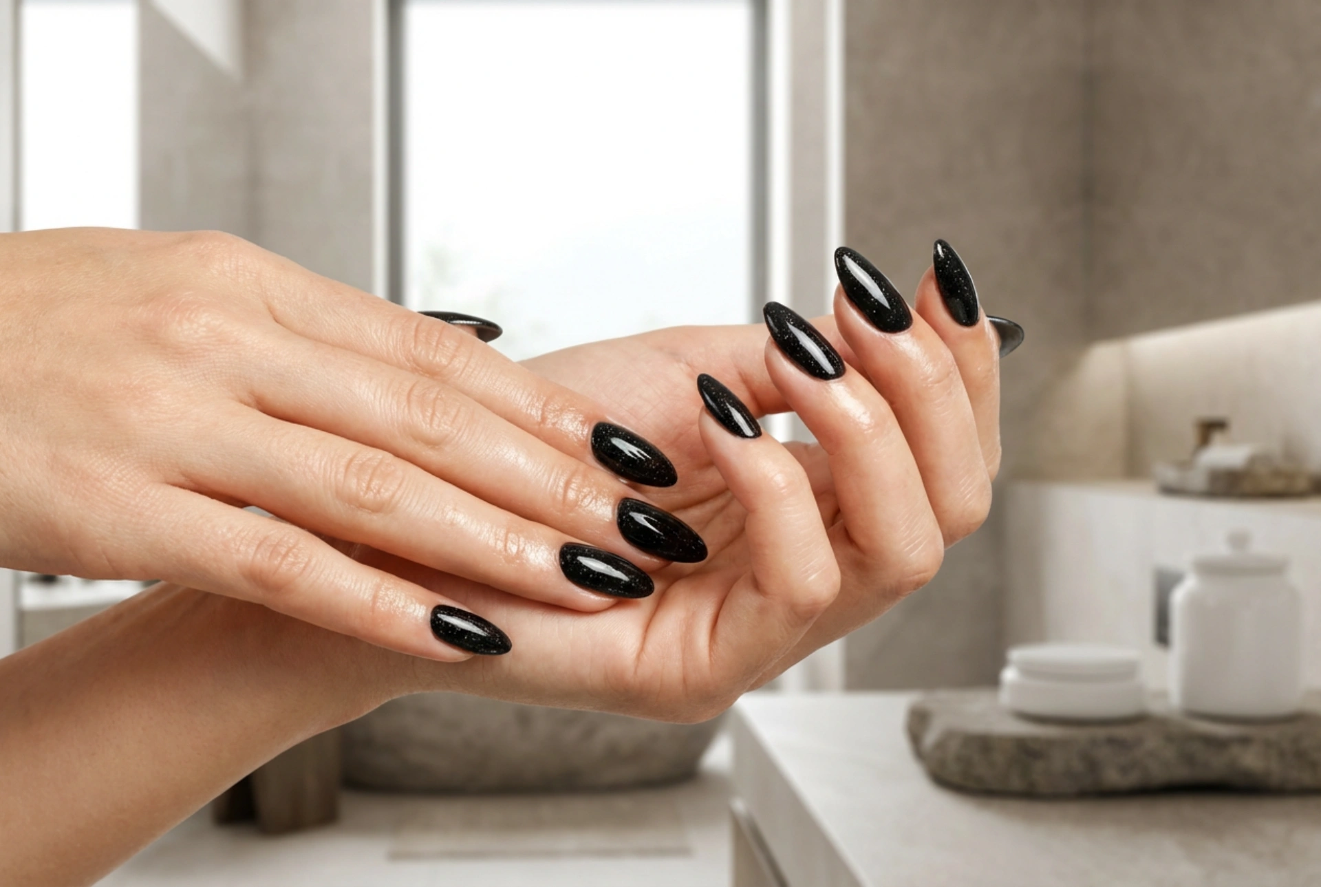 Črni nohti z bleščicami: enakomeren sijaj in gladka površina