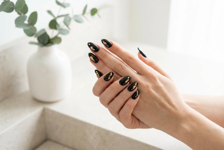 Elegantne kombinacije: črni nohti z zlatom korak za korakom
