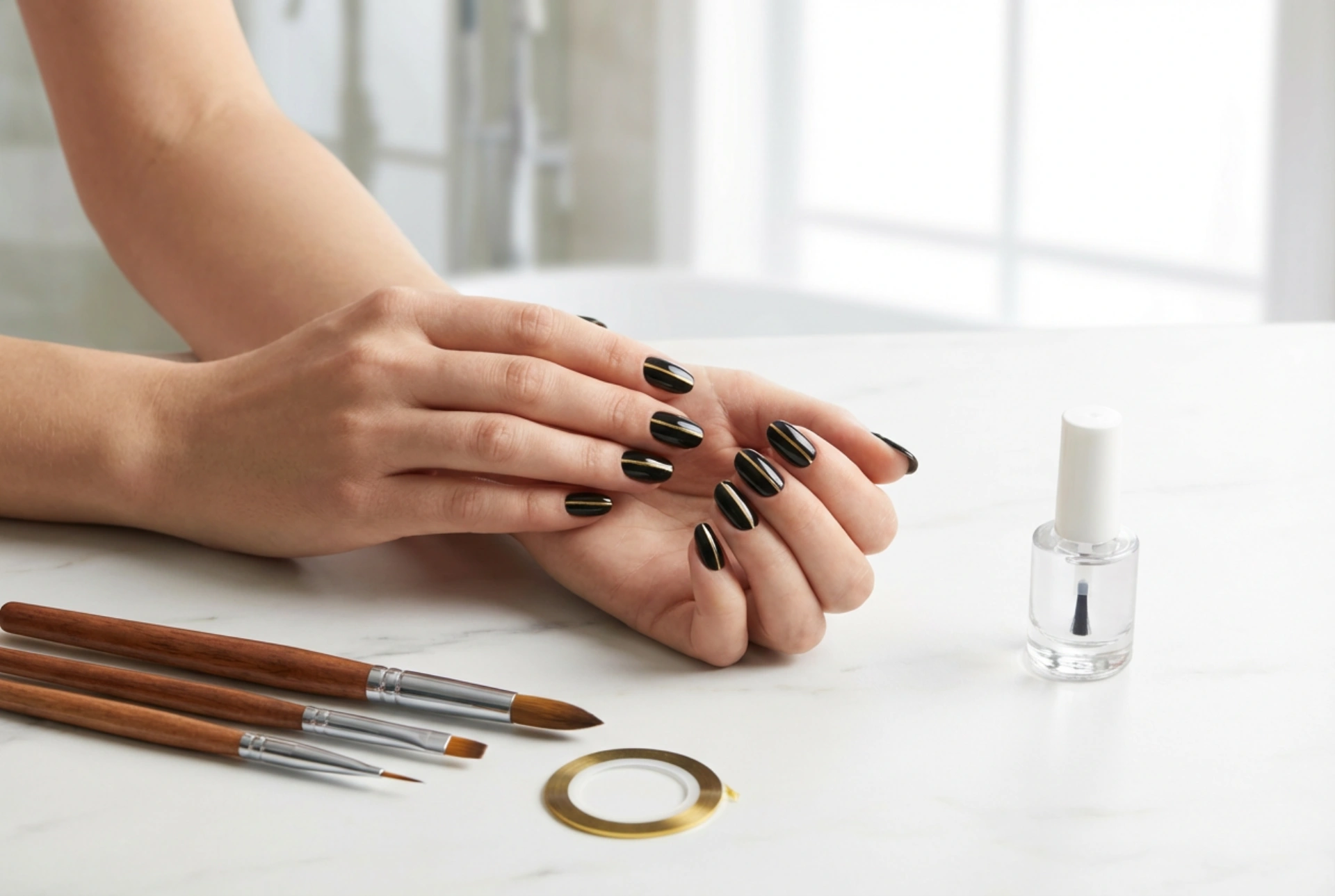 Zlata črta na črnih nohtih: trakovi, čopiči in nadlak