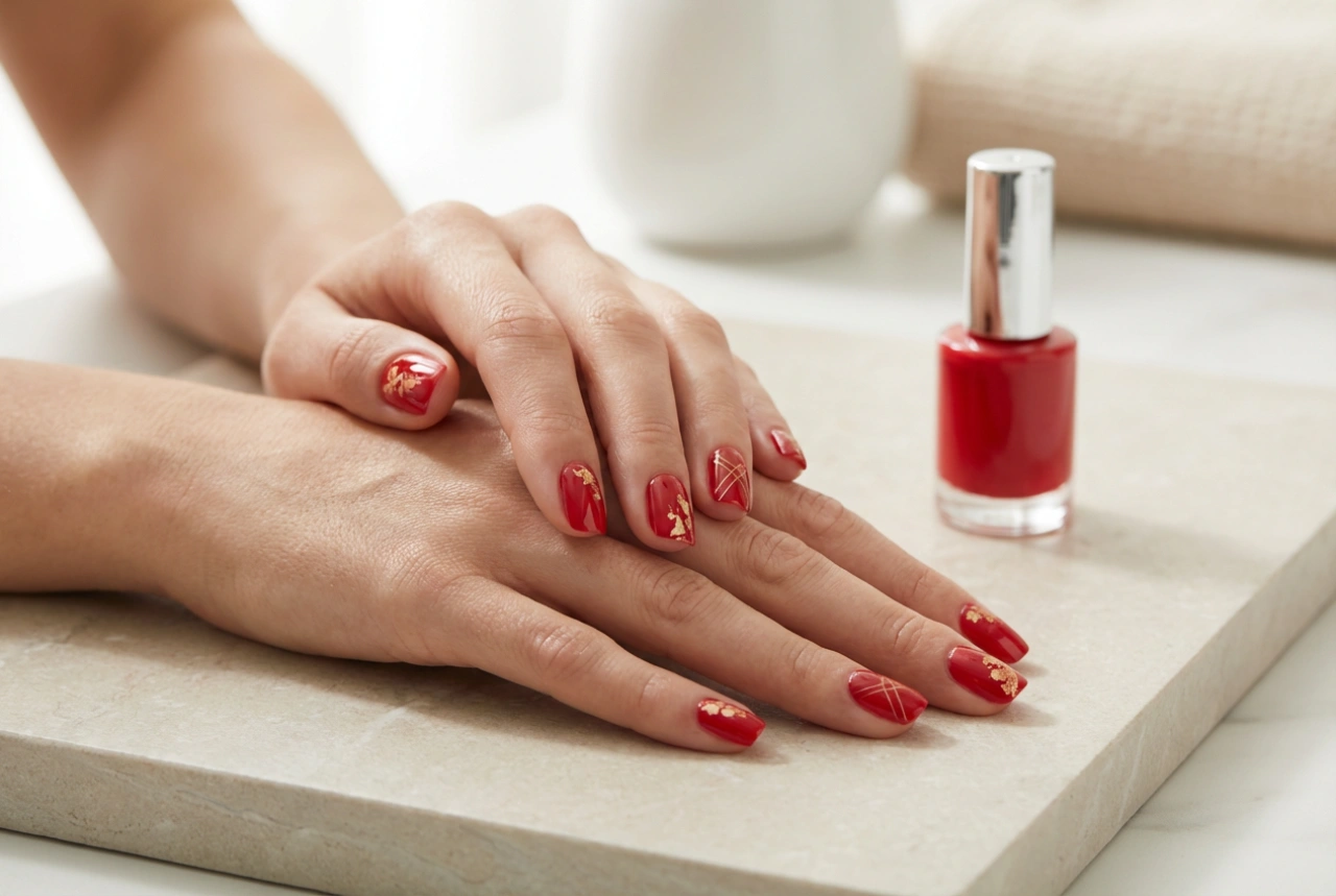 රතු නියපොතු සැරසිලි: පියවරෙන් පියවර පහසු මෝස්තර 5ක්