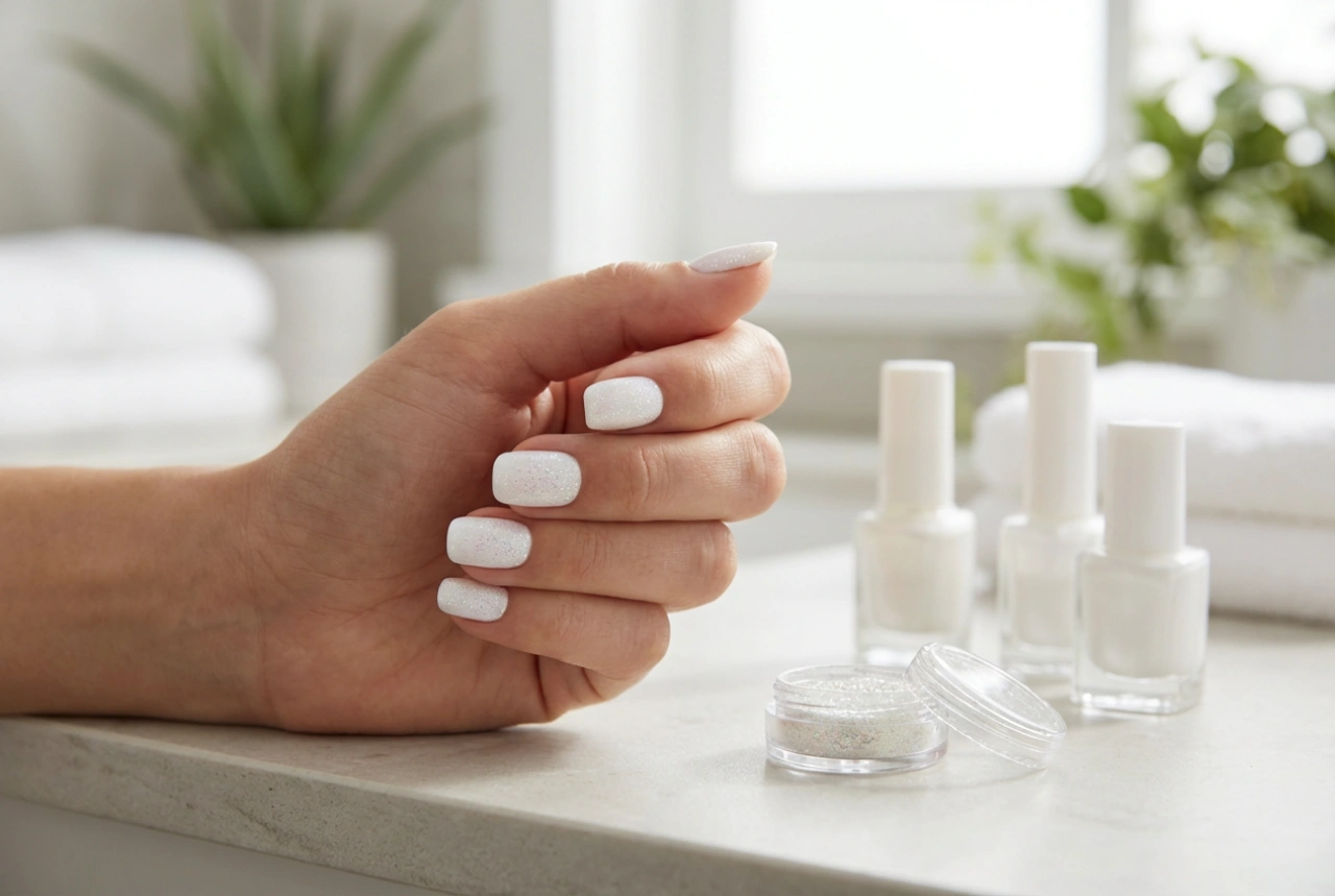 Beli nohti z bleščicami: priprava, nanos delcev in trajna zaščita