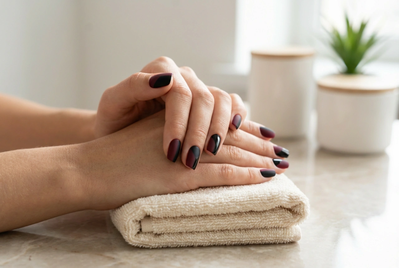 Bordo nohti s črno: geometrijske linije, mat in sijaj