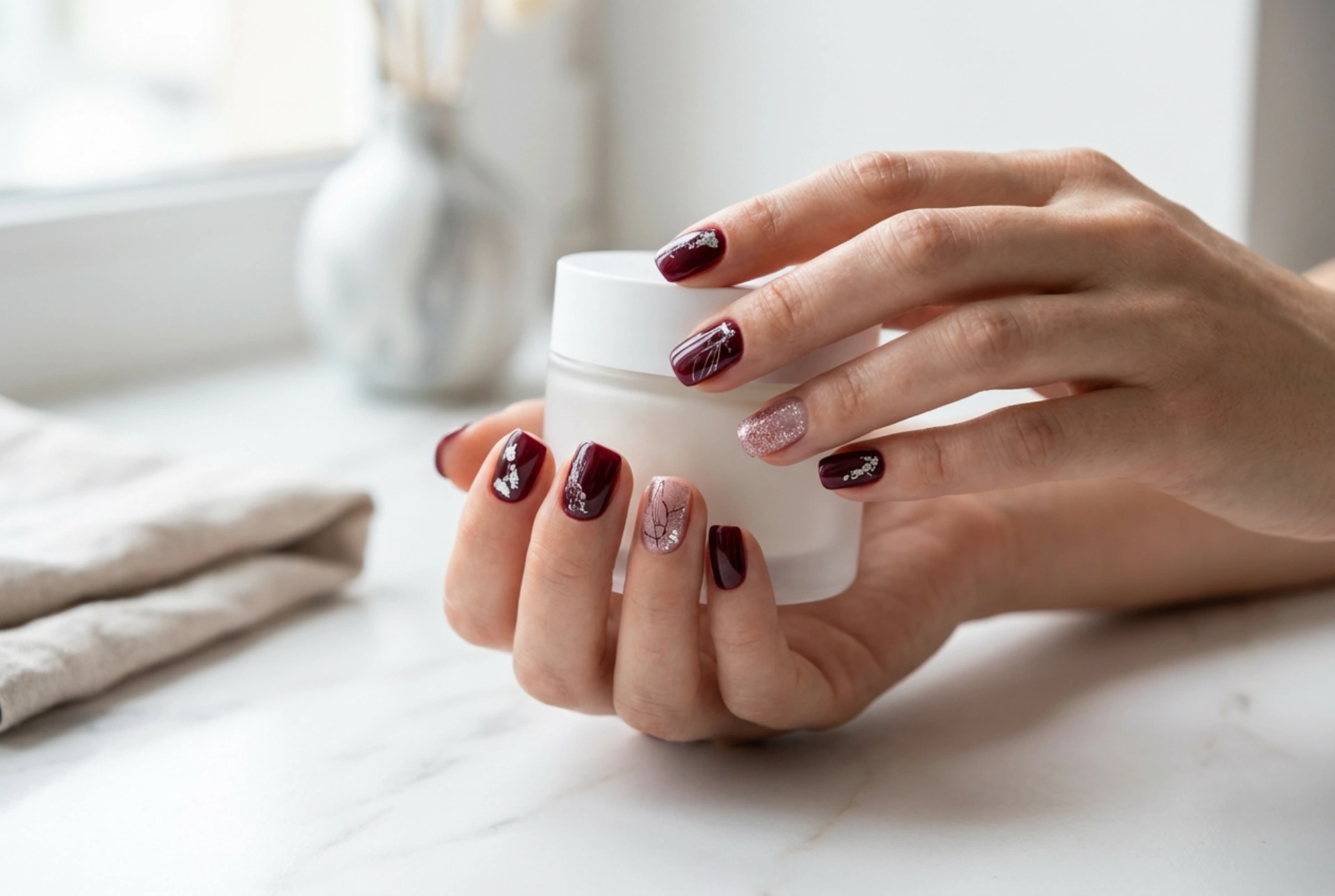 Bordo nohti s srebrno: kovinski poudarki, folije in bleščice