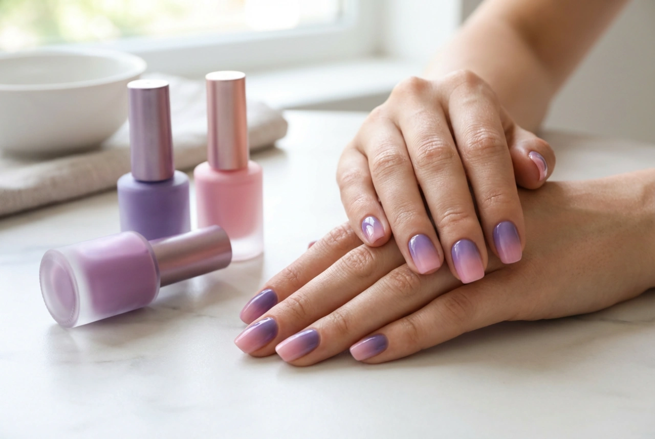 Vijolično-roza nohti: kako doseči gladek ombre in skladne poudarke