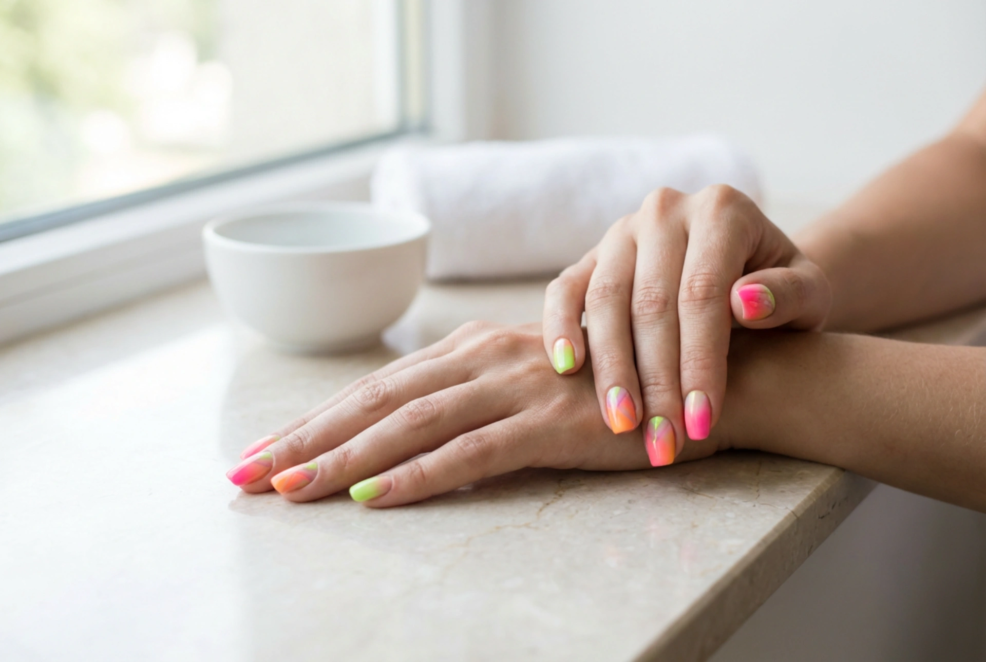 Neonski, barviti nohti: prelivi, vzorci in zaščita barve