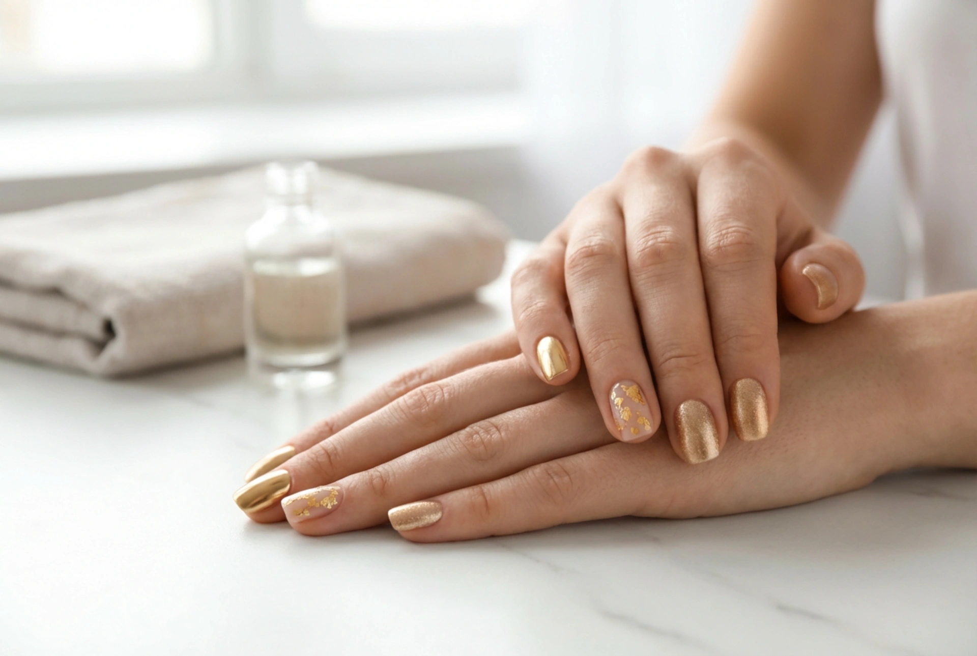 Zlati nohti na več načinov: bleščice v prahu, folija in kovinski lak