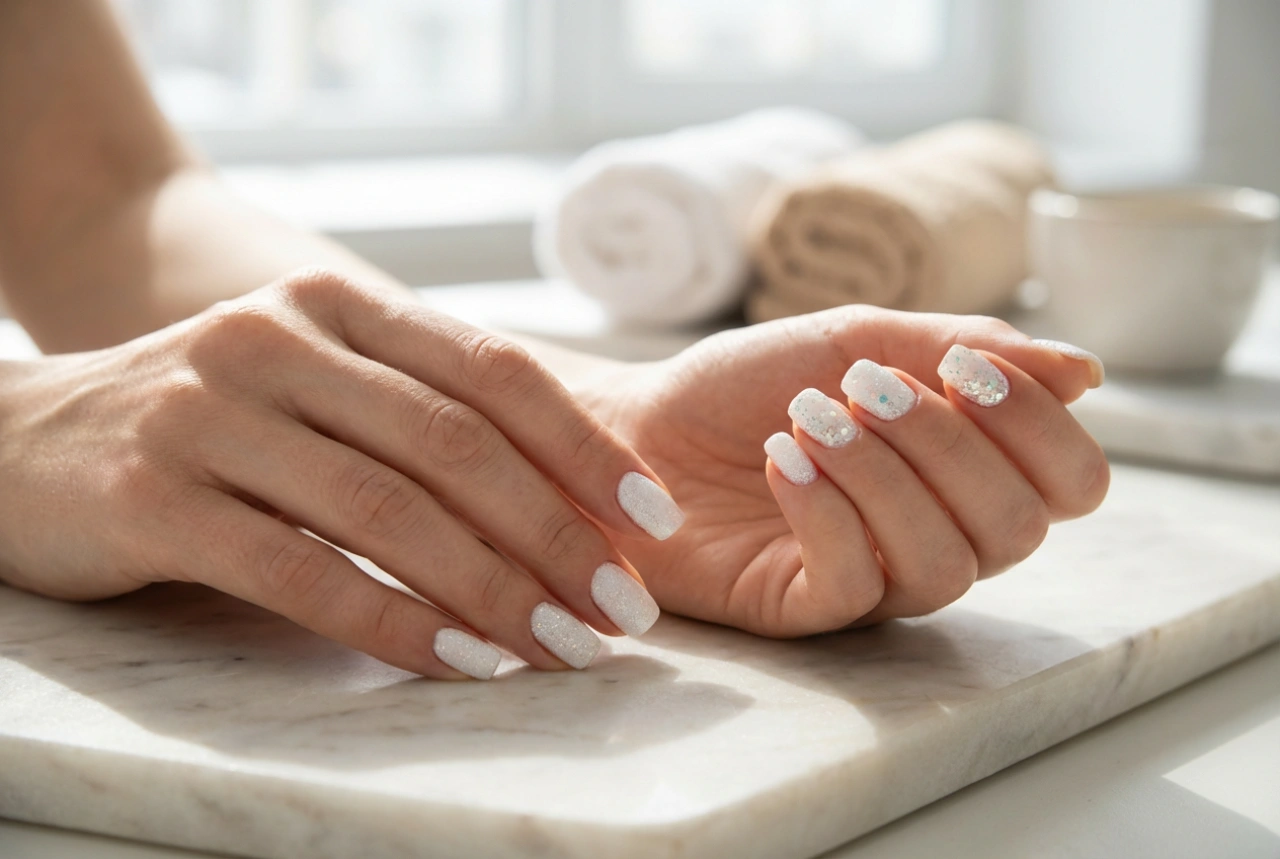 Beli nohti z bleščicami: od nežnega prahu do izrazitih bleščic