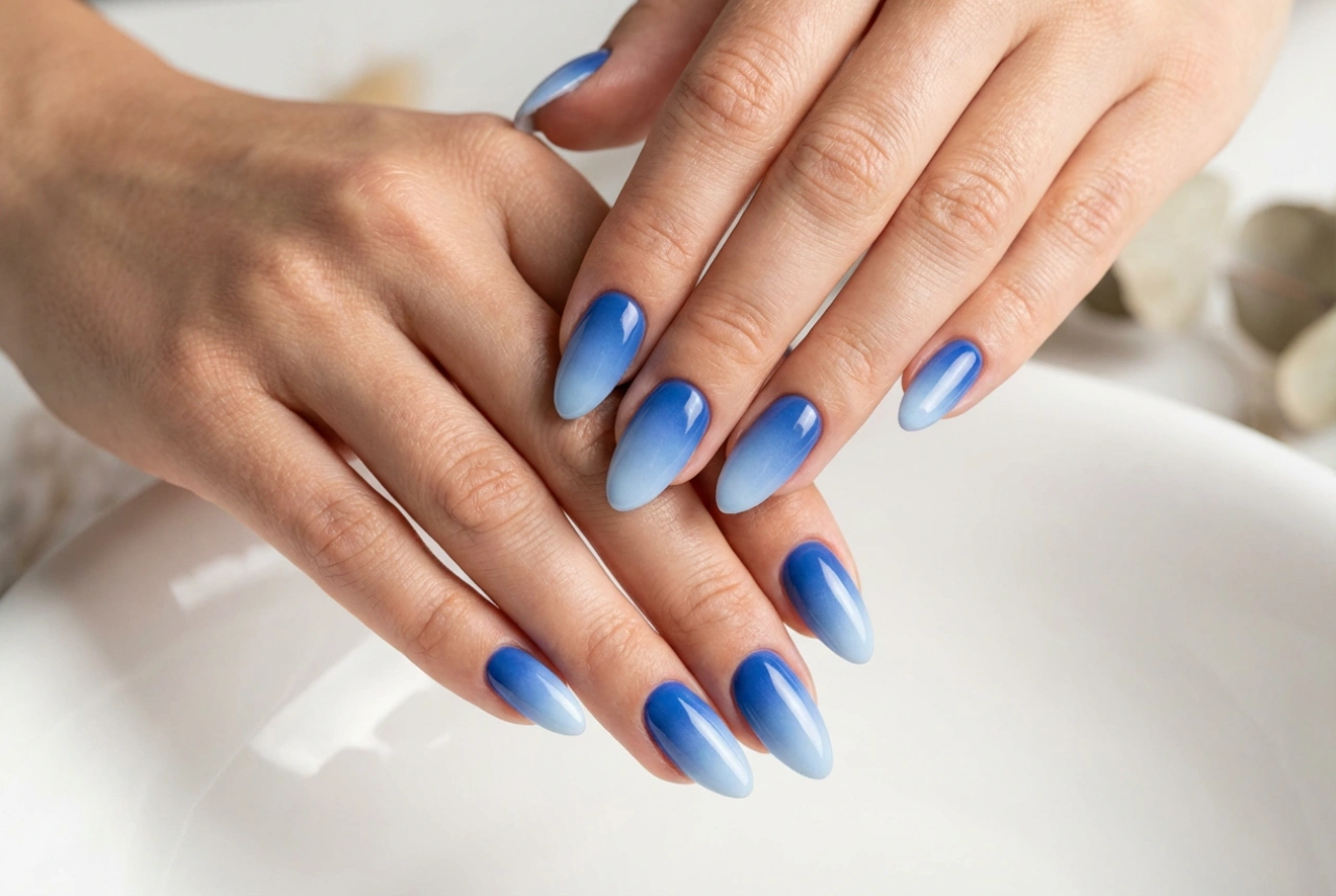 Plavičasti ombre nohti: intenzivna barva brez lis in ostrih prehodov
