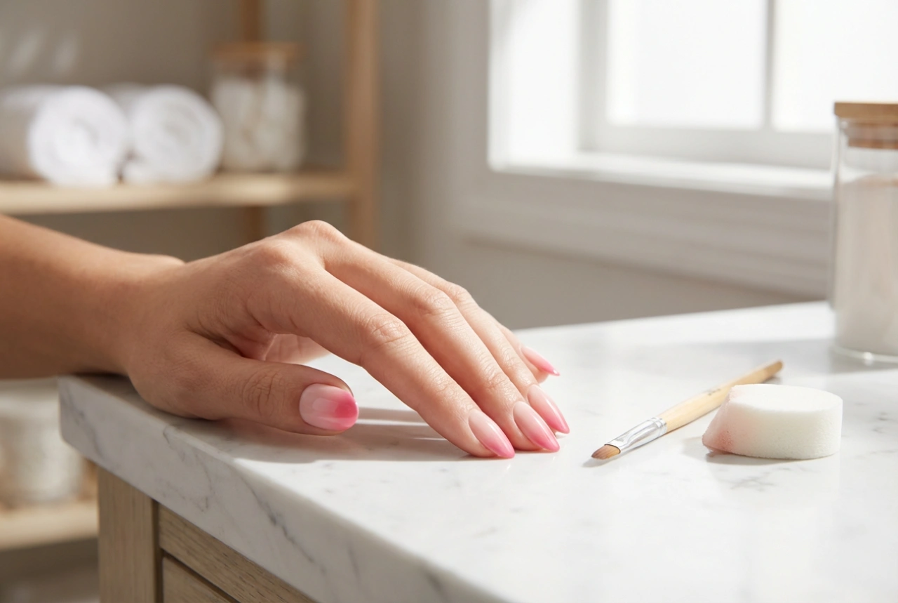 Rožnato ombre na nohtih: mehak preliv s čopičem ali gobico