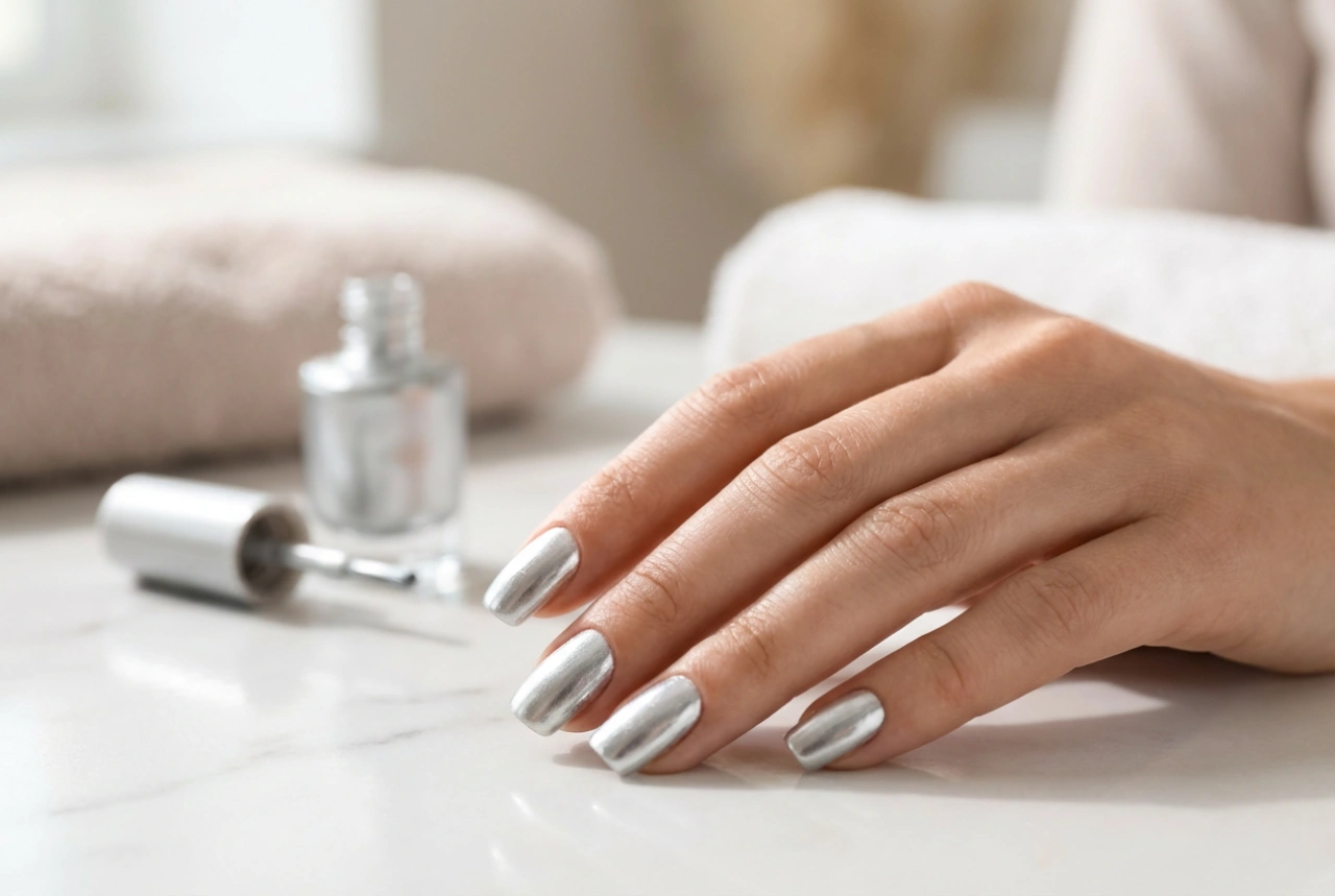 Srebrn lak za nohte: enakomeren sijaj in obstojen zaključek